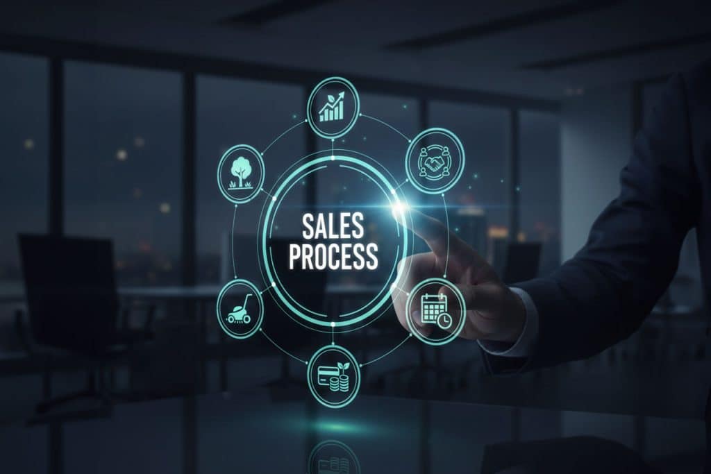 A graphic display of the sales process of a lawn and landscaping company.