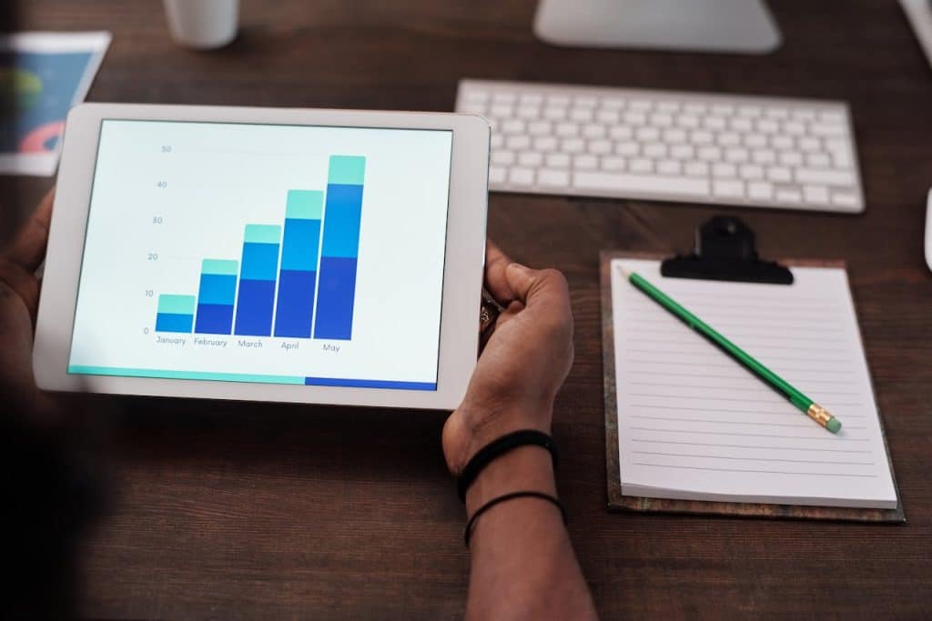 A person holding a tablet with a bar chart of landscaping statistics and a pencil and notepad to the right of them.